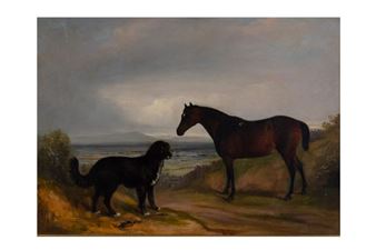 A bay hunter and a dog before an extensive landscape - George Fenn