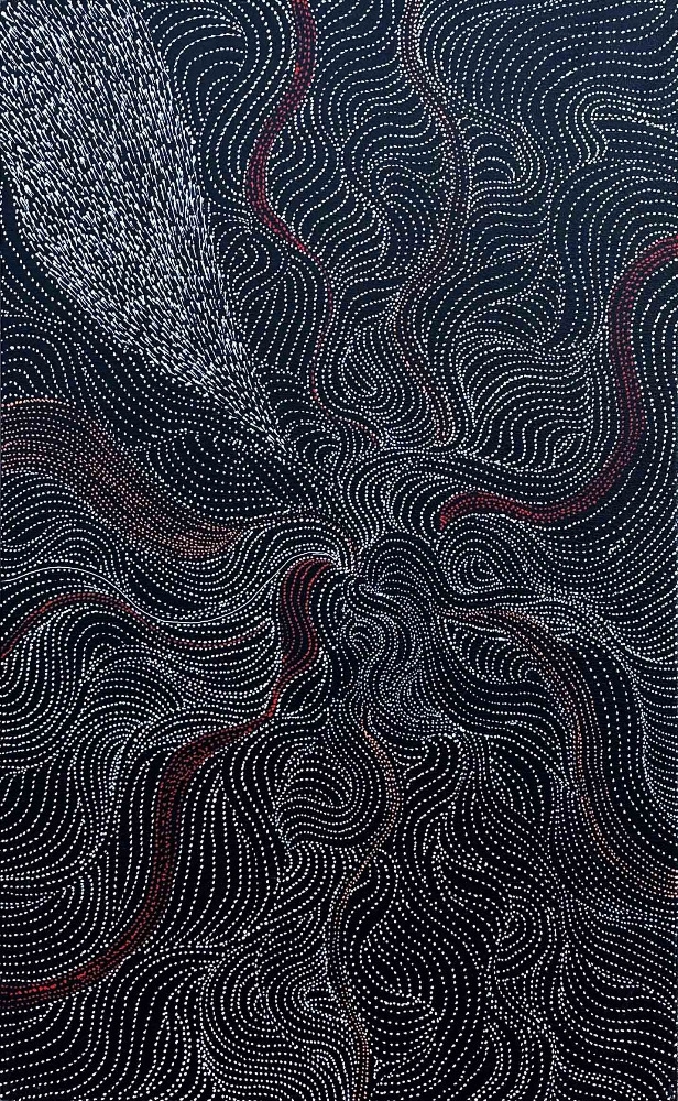 Artwork by Abie Loy Kemarre, Bush Seed and Leaf Dreaming 2022, Made of acrylic on canvas