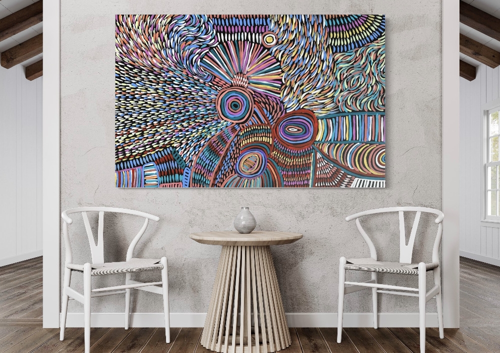 Artwork by Abie Loy Kemarre, Bush Seed and Leaf Dreaming 2022, Made of acrylic on canvas