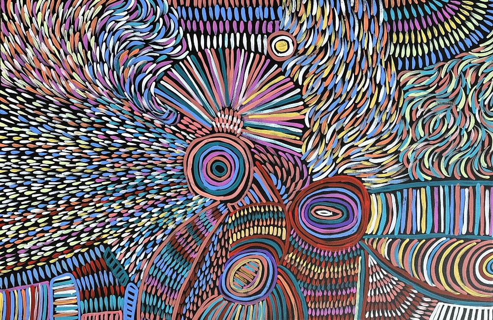 Artwork by Abie Loy Kemarre, Bush Seed and Leaf Dreaming 2022, Made of acrylic on canvas