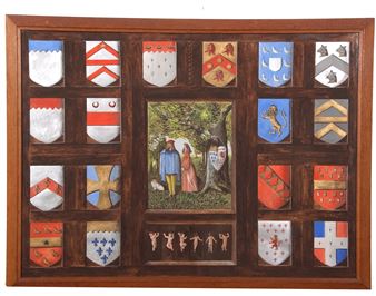 A central panelled window depicts two figures (possibly John and Emily Paston) with 18 panels presenting the Paston family arms - Percy Millican