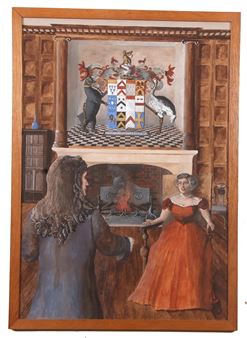 interior scene depicting an unidentifiable gentlemen (possibly Sir William Paston 1st Baronet of Oxnead) and a seated lady in conversation - Percy Millican