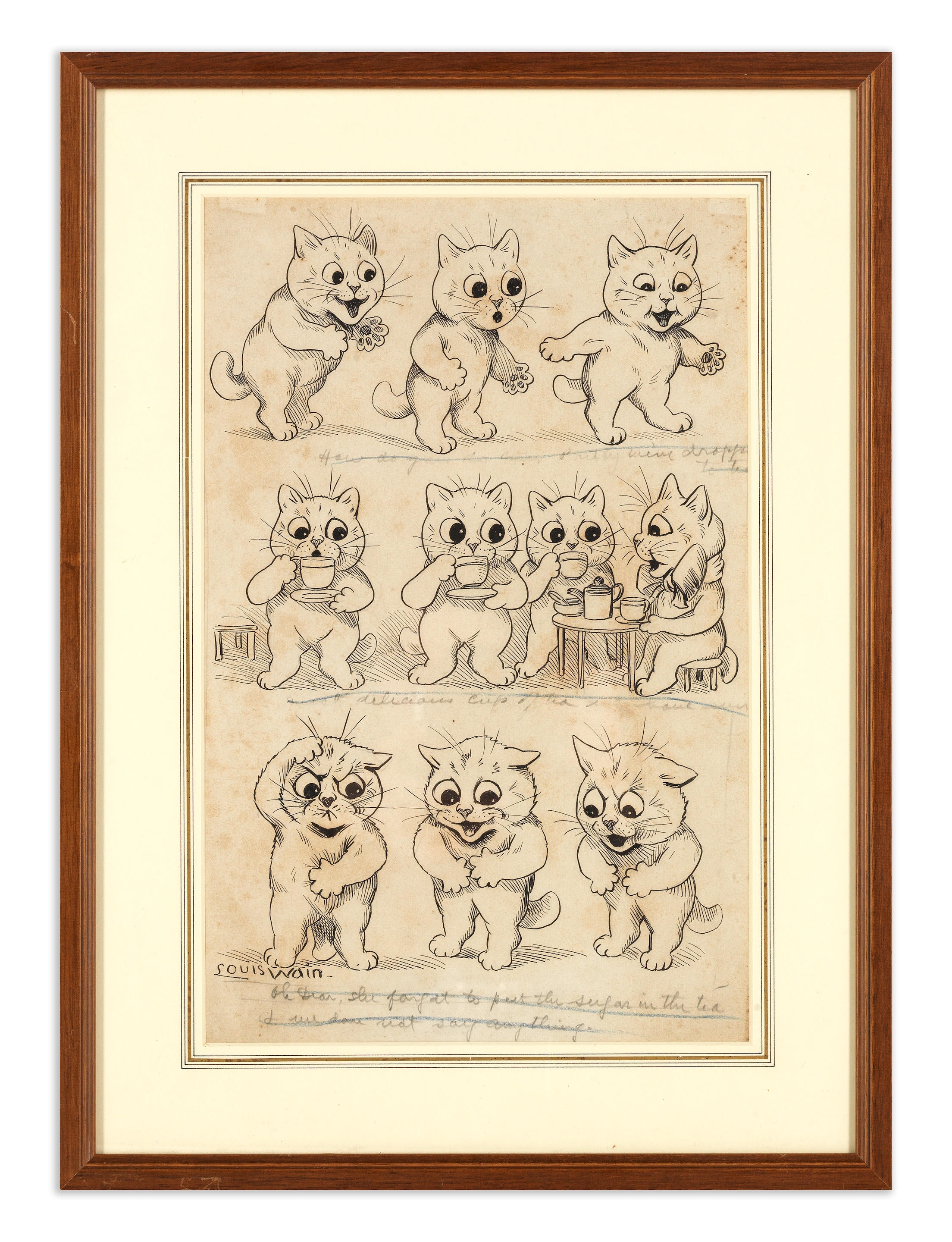 Artwork by Louis Wain, Oh Dear, She Forgot to Put the Sugar in the Tea, And We Did Not Say Anything., Made of pen and ink on paper