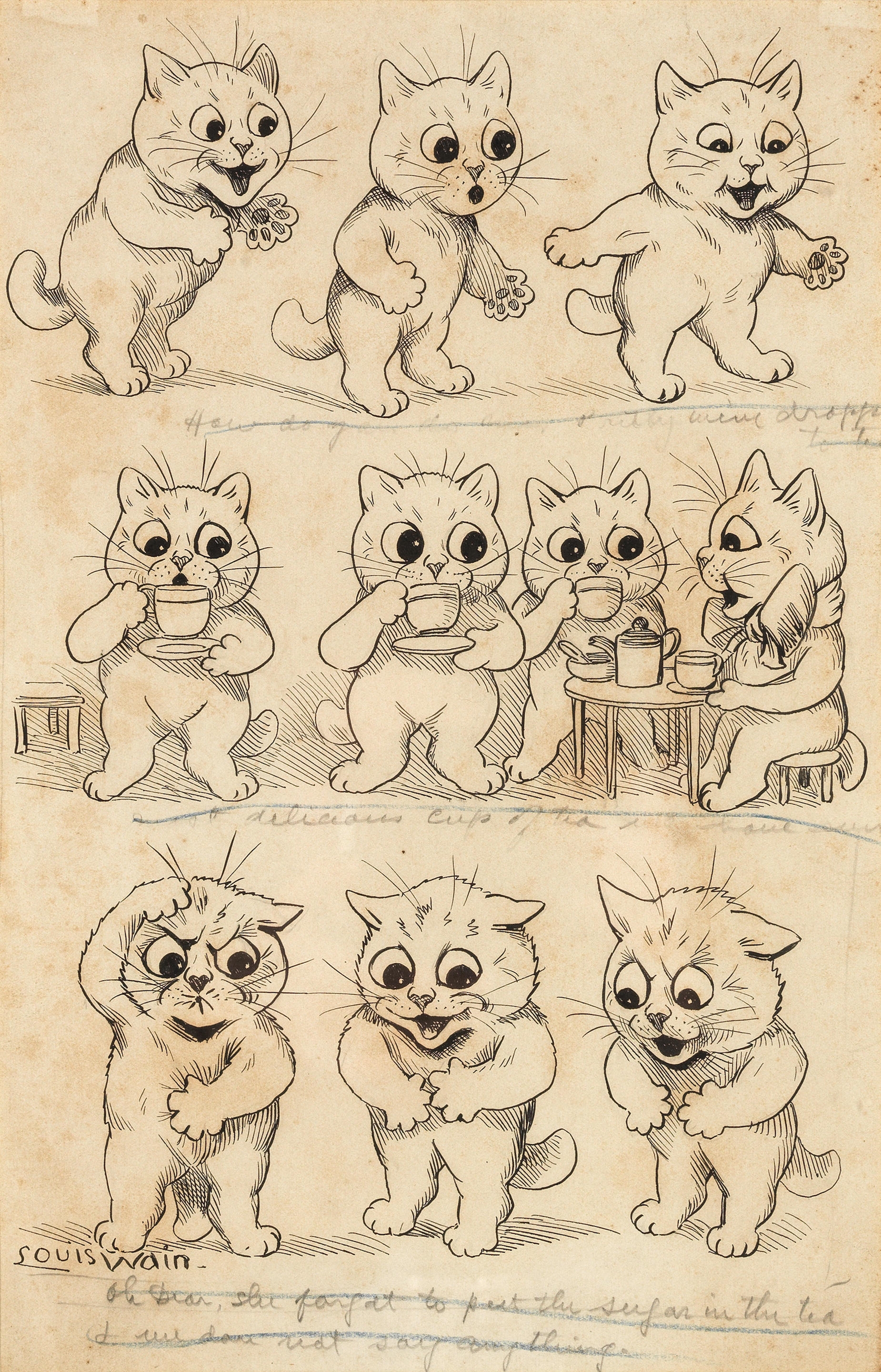 Artwork by Louis Wain, Oh Dear, She Forgot to Put the Sugar in the Tea, And We Did Not Say Anything., Made of pen and ink on paper