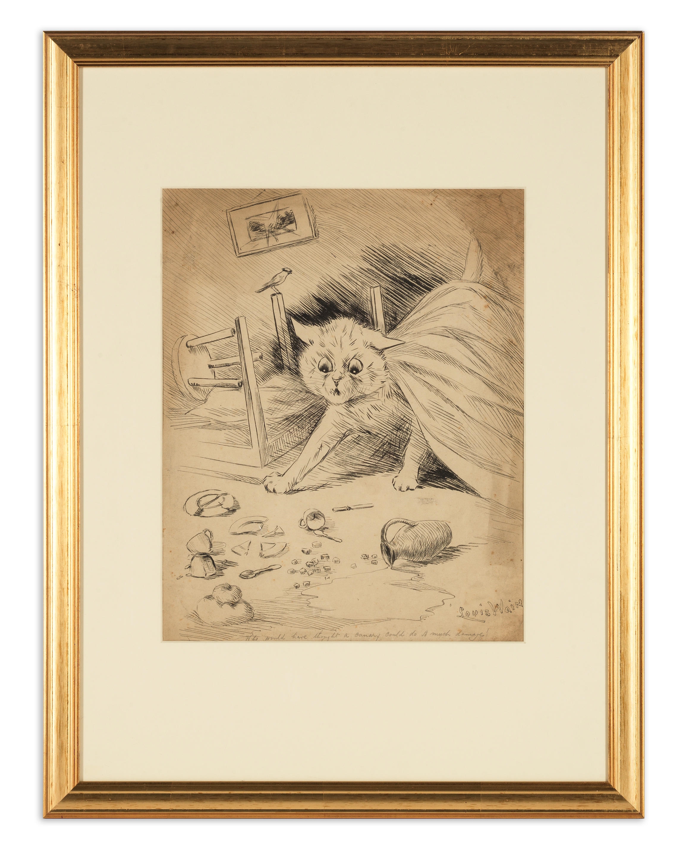 Artwork by Louis Wain, Who Would Have Thought a Canary Could Do So Much Damage!, Made of ink and pen and ink on paper