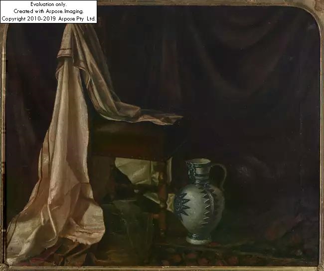 Still life with a sheet draped over a chair and a blue and white jug by Willem Kalf