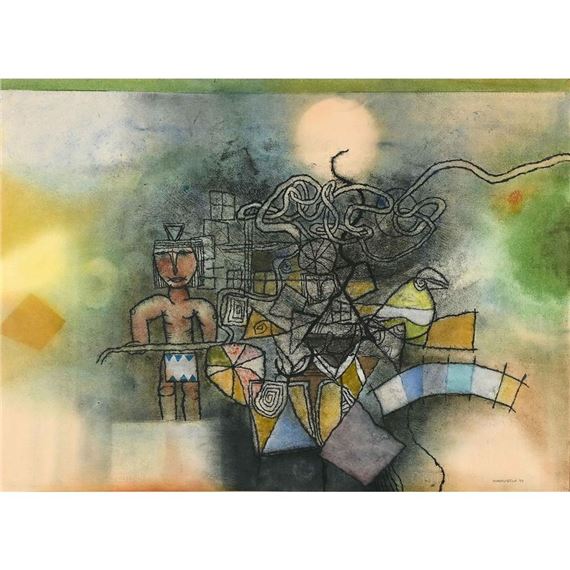 ABSTRACT COMPOSITION WITH FIGURE AND FORMS by Louis Maqhubela, 1977