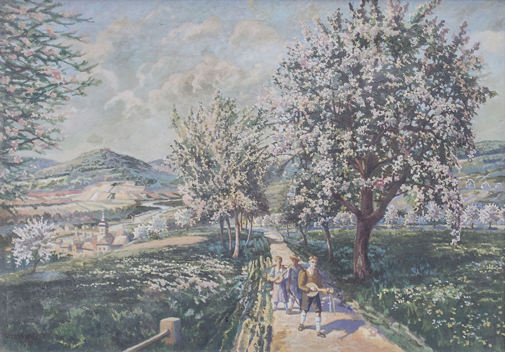 Artwork by Victor Kiefer, 'Frühlingslandschaft mit musizierenden Kindern' / 'Spring landscape with children playing music', Made of Gouache on canvas