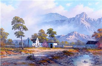 FARMSTEAD BENEATH A MOUNTANOUS LANDSCAPE - Hentie Meyer