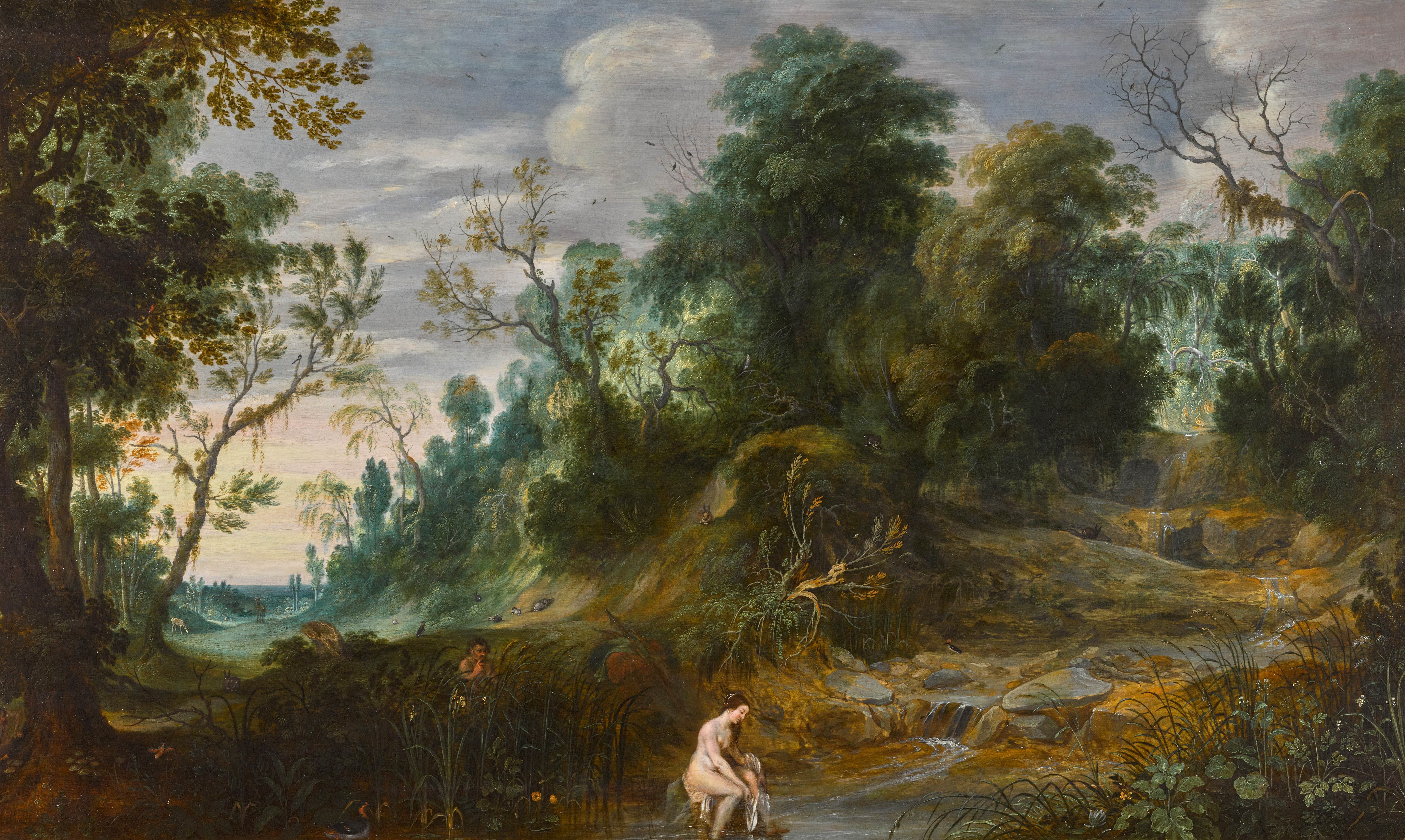 A wooded landscape with a nymph bathing by a stream - Lucas van Uden