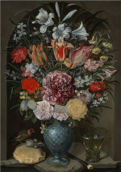 Still life of lilies, tulips, roses and other flowers in a glass vase with a goldfinch, grasshopper, bread, and a glass, all on a stone ledge in a niche by Georg Flegel