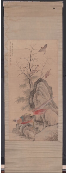 Artwork by Ma Jian, Pheasant and Flowers, Made of Ink and color on paper scroll
