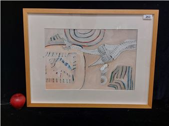 A striking abstract composition with flesh tones partially obscuring a multicolored underpainting, and graphic pencil work creating morphic creatures moving through the piece - Niamh Hurley