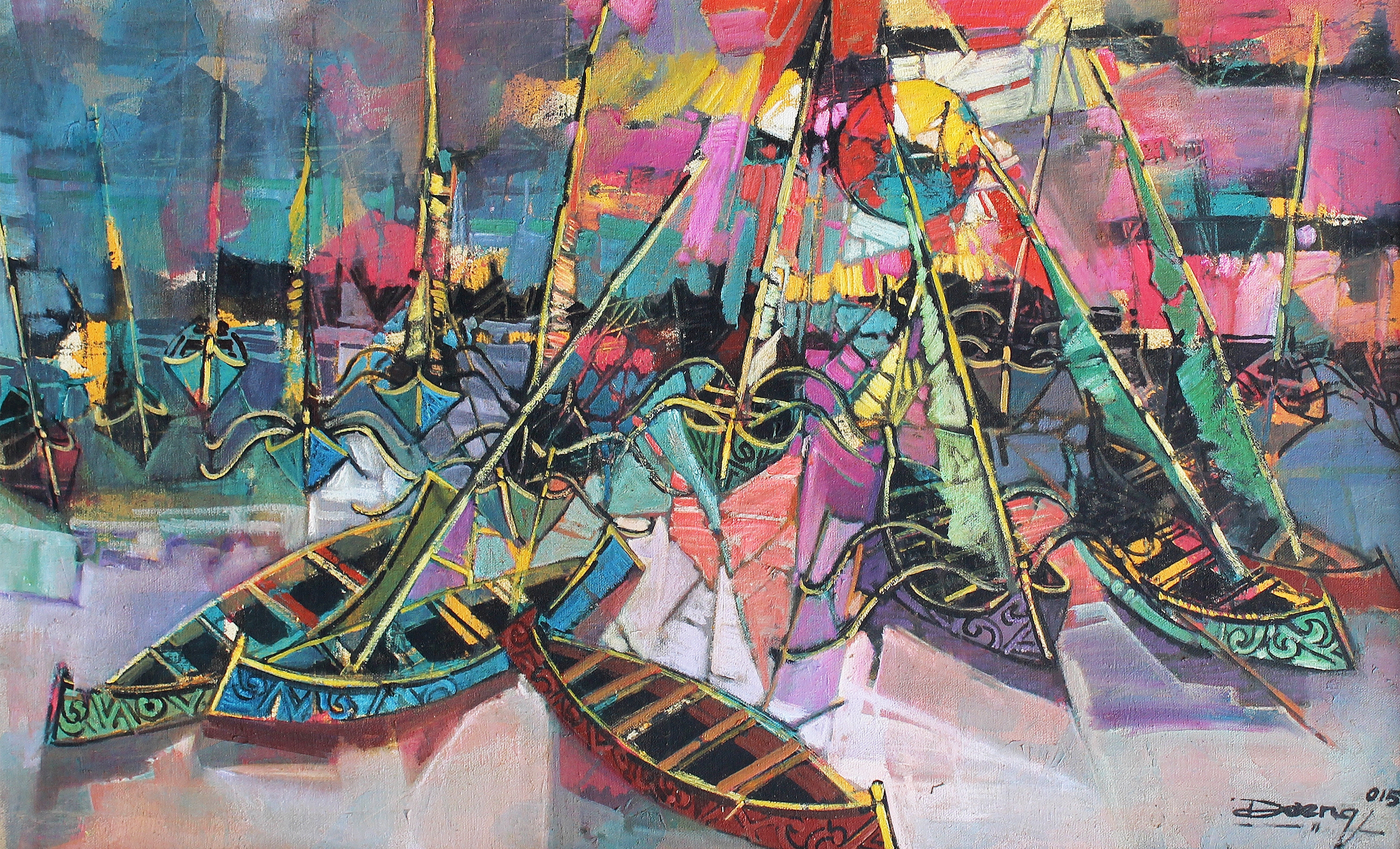 Artwork by M. Daeng, Boats, Made of oil on canvas