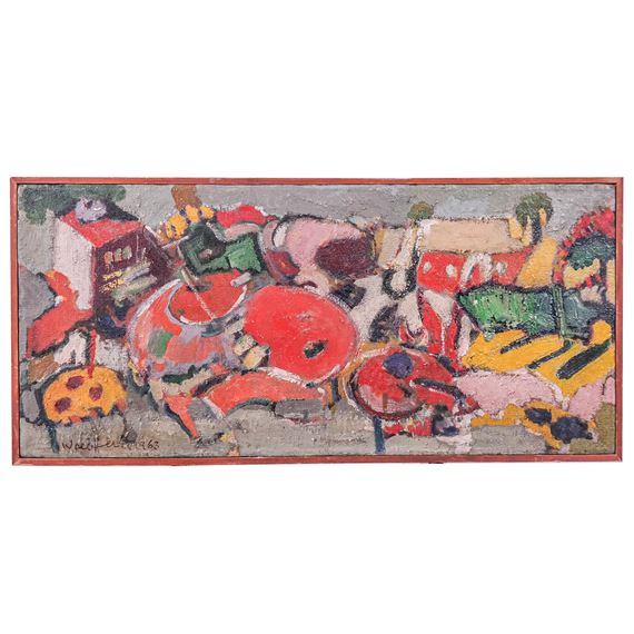 Abstract study of colorful shapes and objects by Emerson S. Woelffer, 1963