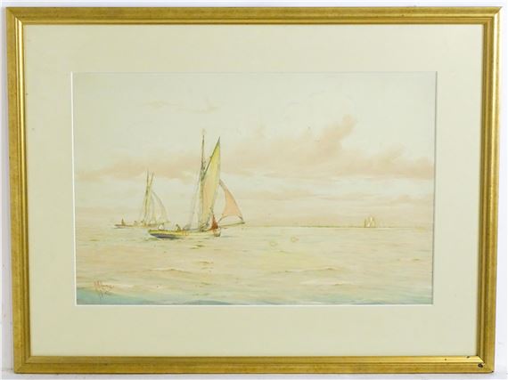 A seascape with fishing boats by Robert Allensmore Lowe, 19th century