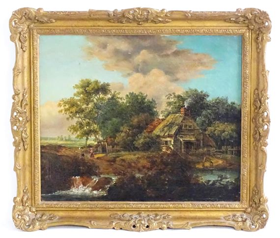 An English country landscape with a cottage on a river bank with two figures by John Rathbone
