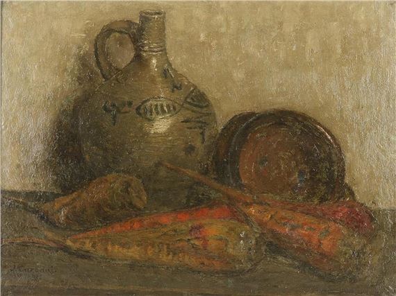 Stilleven met aardewerken kruik en groente by Jan Carbaat, 1917