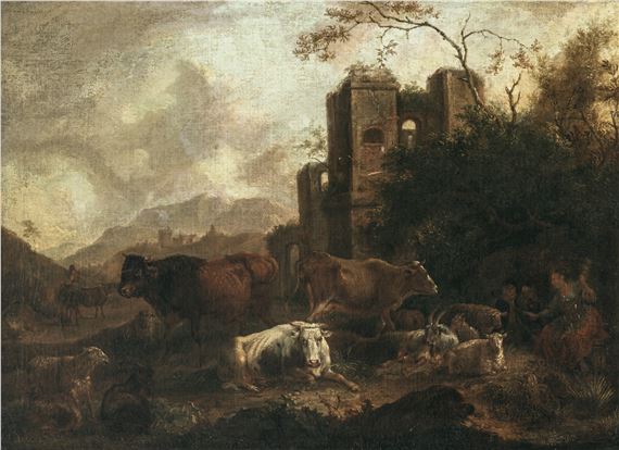 Herders with cattle in a southern landscape of ruins by Johan Heinrich Roos