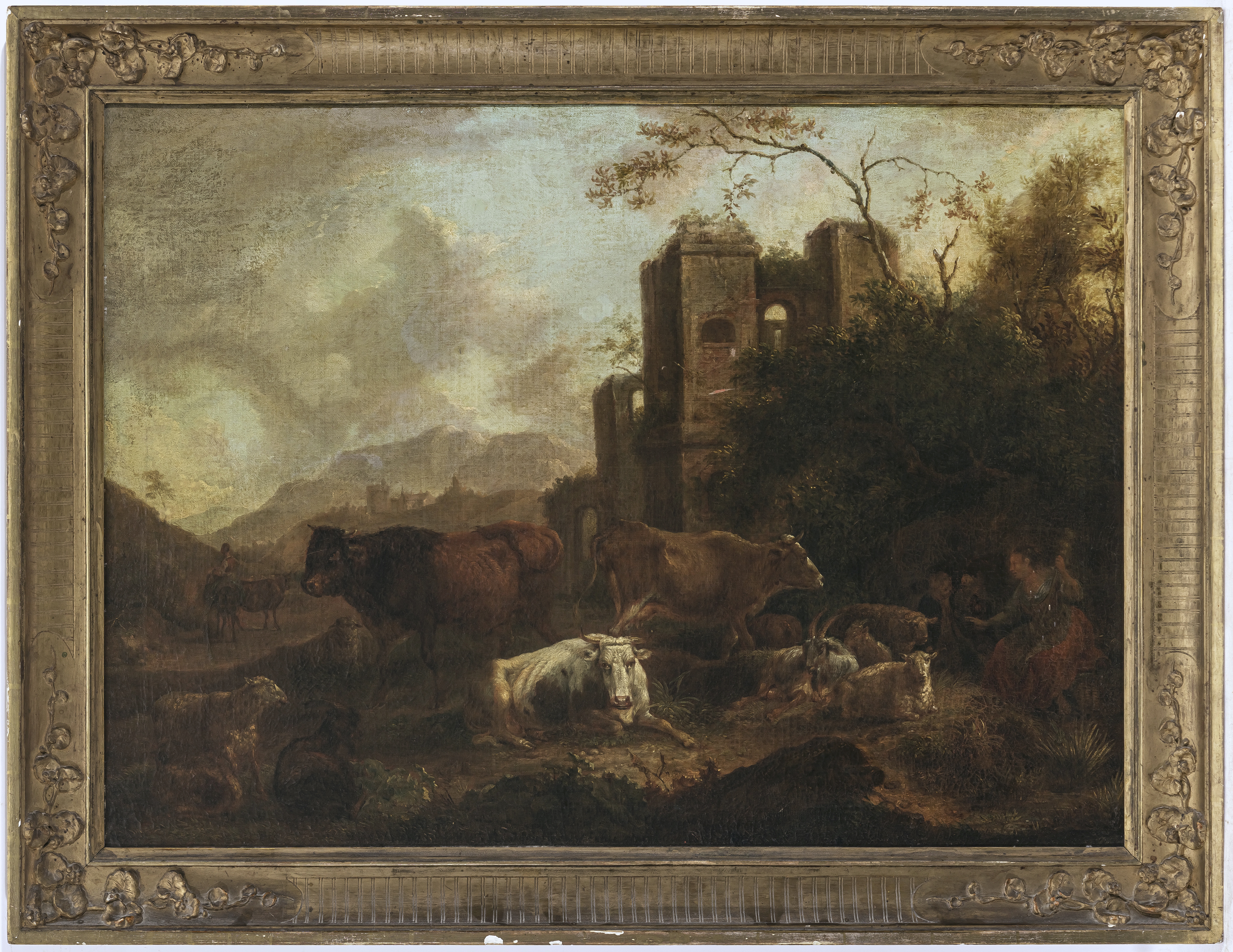 Artwork by Johan Heinrich Roos, Herders with cattle in a southern landscape of ruins, Made of Oil on canvas
