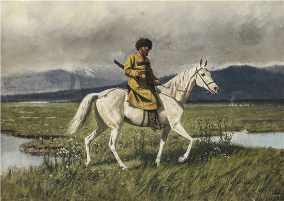 P. Tschunia | Riding Cossack in extensive landscape (1887) | MutualArt