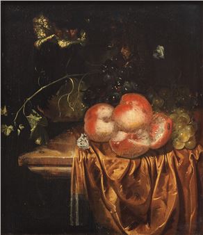 Still life of peaches and grapes with a roemer on a draped ledge - Harmen Loeding