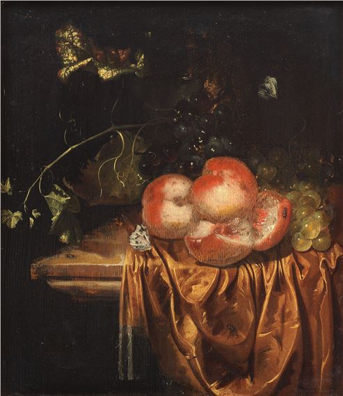 Still life of peaches and grapes with a roemer on a draped ledge by Harmen Loeding