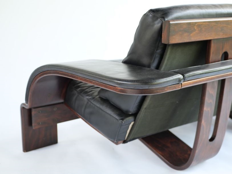 Artwork by Ake Fribyter, Kroken 2, Made of bentwood, stained beech veneer, thick hemp canvas, black leather