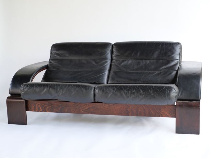 Artwork by Ake Fribyter, Kroken 2, Made of bentwood, stained beech veneer, thick hemp canvas, black leather