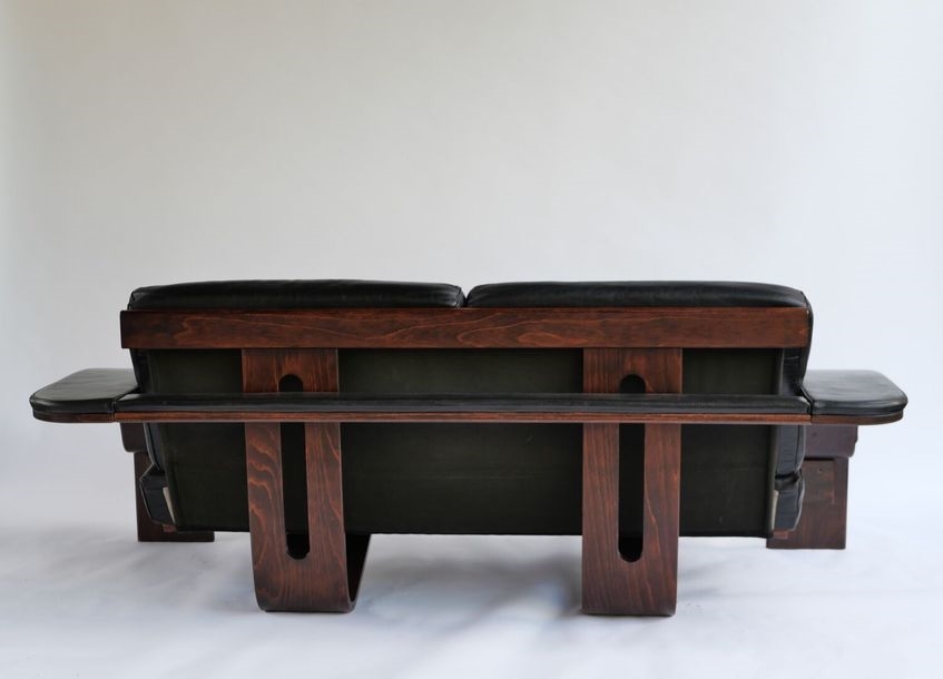 Artwork by Ake Fribyter, Kroken 2, Made of bentwood, stained beech veneer, thick hemp canvas, black leather