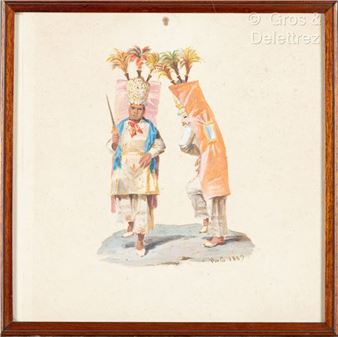 Deux personnages en tenues de fêtes avec chapeaux à plumes - Joaquin Pinto