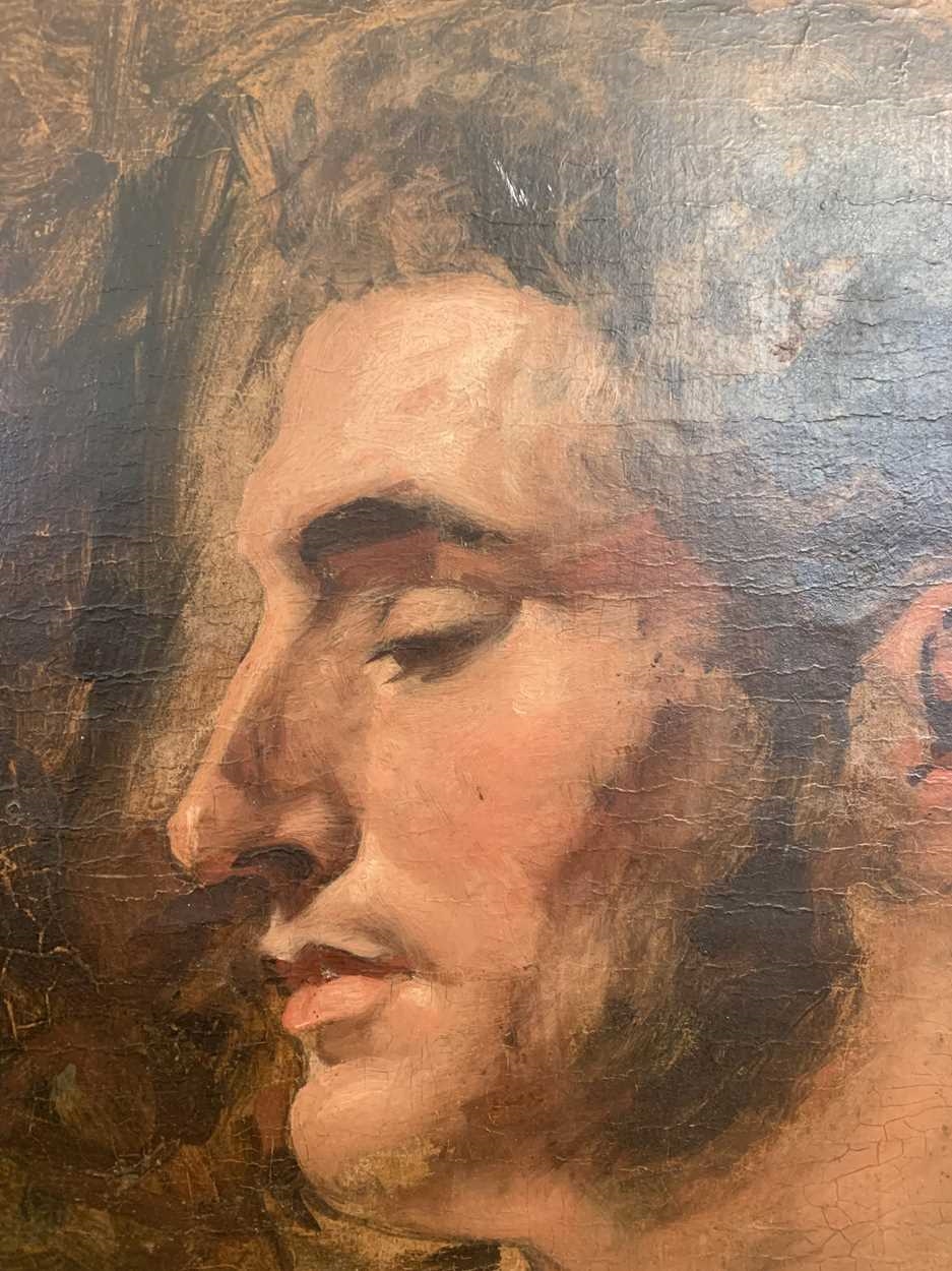 Artwork by William Etty, Study of a male nude, head and shoulders, Made of oil on canvas or paper
