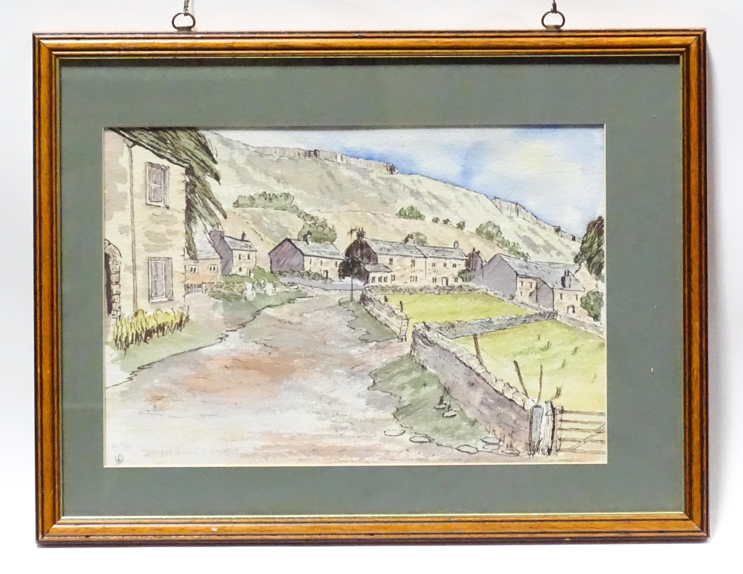 Artwork by Walter Staples, A castle scene with mountains beyond, possibly Kilchurn Castle on Loch Awe, Scotland; A village scene (verso), Made of Watercolours