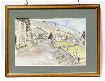 A castle scene with mountains beyond, possibly Kilchurn Castle on Loch Awe, Scotland; A village scene (verso) - Walter Staples