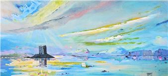 A vibrant seascape painting featuring a solitary tower and distant city skyline under a dynamic, colorful sky.