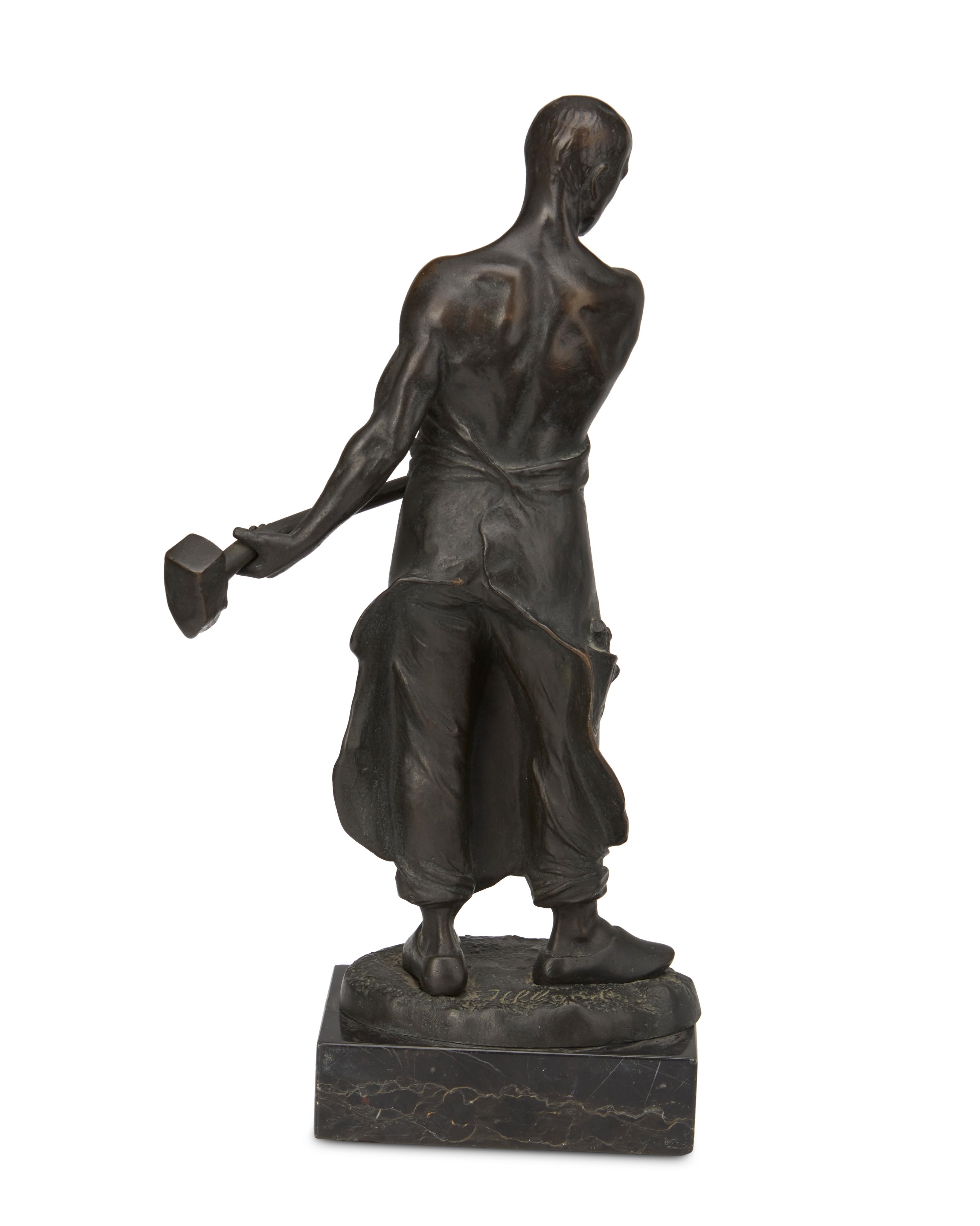 Artwork by Frans Iffland, "Stehender Schmied mit Hammer", Made of Patinated bronze with marble plinth