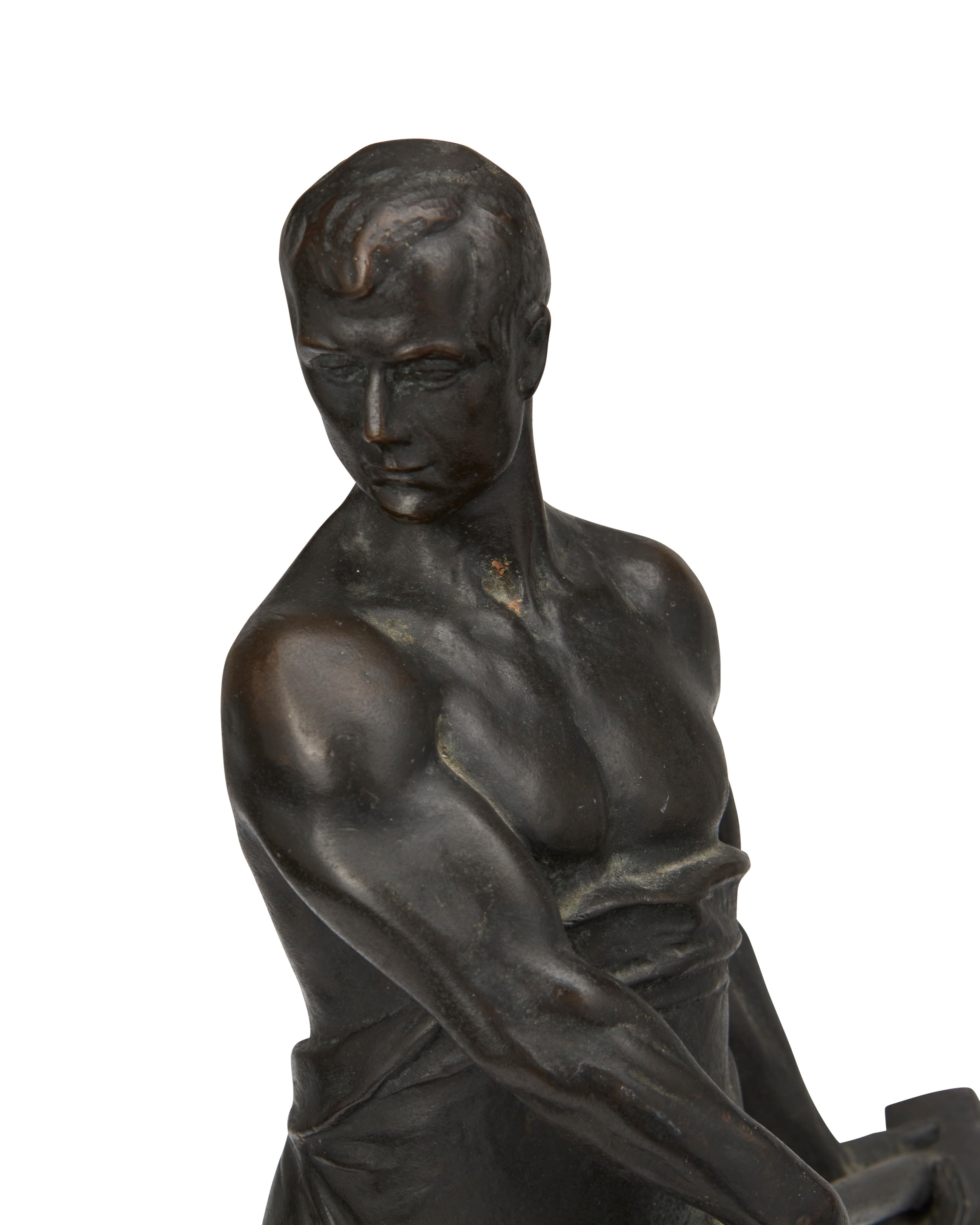 Artwork by Frans Iffland, "Stehender Schmied mit Hammer", Made of Patinated bronze with marble plinth