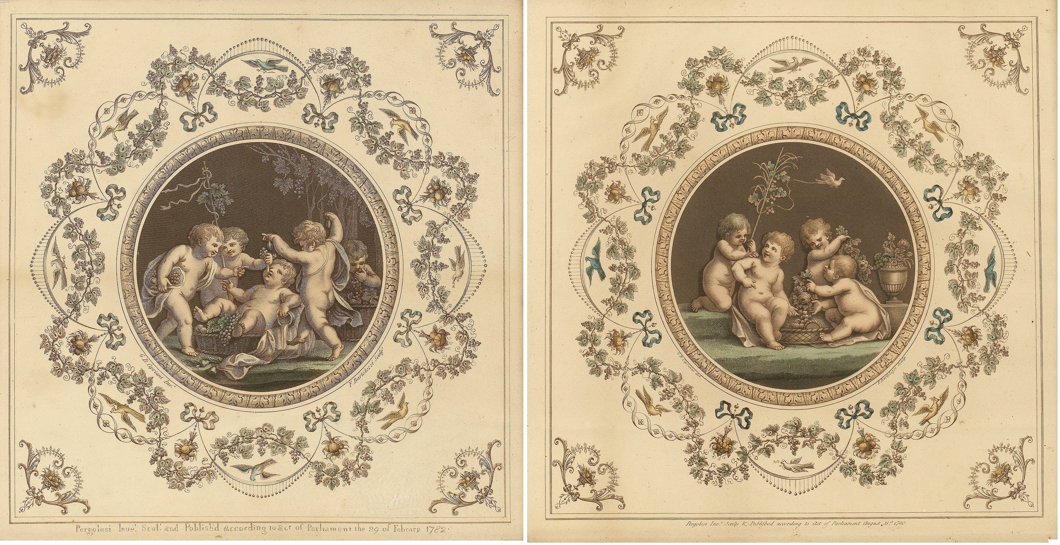 Artwork by Francesco Bartolozzi, Giovanni Battista Cipriani, Putti revelling with grapes, Made of etching in sepia with  hand-colouring