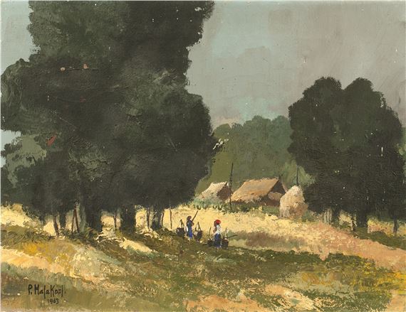 A sunlit rural village with natives and dwellings by M.L. Poum Malakoul, dated 1963