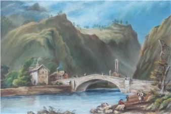 Rustics at rest before riverside cottages and bridge - G. P . Hearder