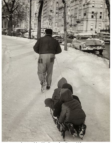 Sledding, NYC; Parade, NYC; Scared African-American Boy Held by Smiling Police Officer During a Parade, NYC (3 works) - Arthur Rickerby