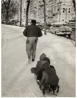 Sledding, NYC; Parade, NYC; Scared African-American Boy Held by Smiling Police Officer During a Parade, NYC (3 works) - Arthur Rickerby