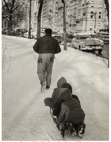 Artwork by Arthur Rickerby, Sledding, NYC; Parade, NYC; Scared African-American Boy Held by Smiling Police Officer During a Parade, NYC (3 works), Made of Gelatin silver prints