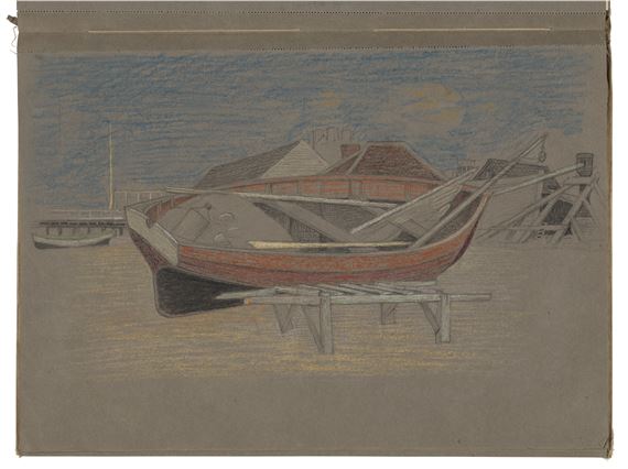 A clothbound sketchbook of 34 pages, with 23 drawings, including: one street scene; seventeen studies of coastal scenes and figures, several of which relate to Up from the Sea; three female figure studies; one study of legs; one classical composition study; and one loose female head study by Joseph Edward Southall, 1916 - 1941