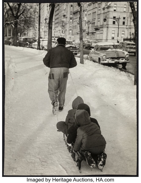 Artwork by Arthur Rickerby, Sledding, NYC; Parade, NYC; Scared African-American Boy Held by Smiling Police Officer During a Parade, NYC (3 works), Made of Gelatin silver prints
