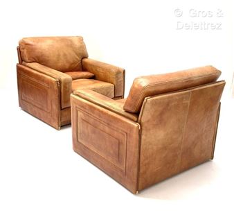 Marco MILICICH for BAXTER ARCON Pair of cognac leather armchairs - Marco Milicich