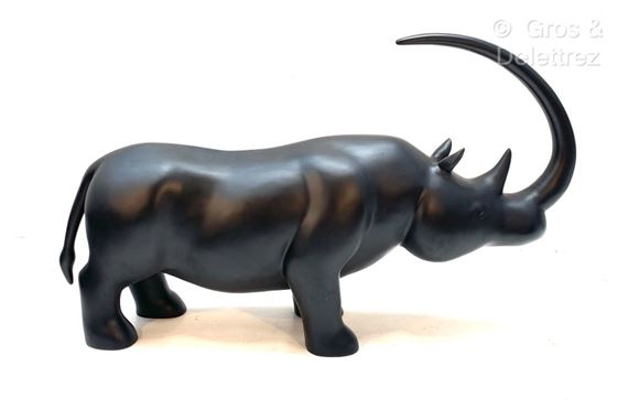 François RAMBAUD (20th-21st) Rhinoceros Sculpture in black polyester resin. Limited - François Rambaud