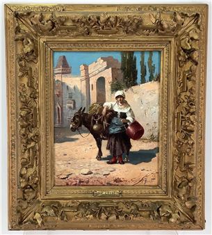 Woman standing with arm resting on a donkey - G. Guidi