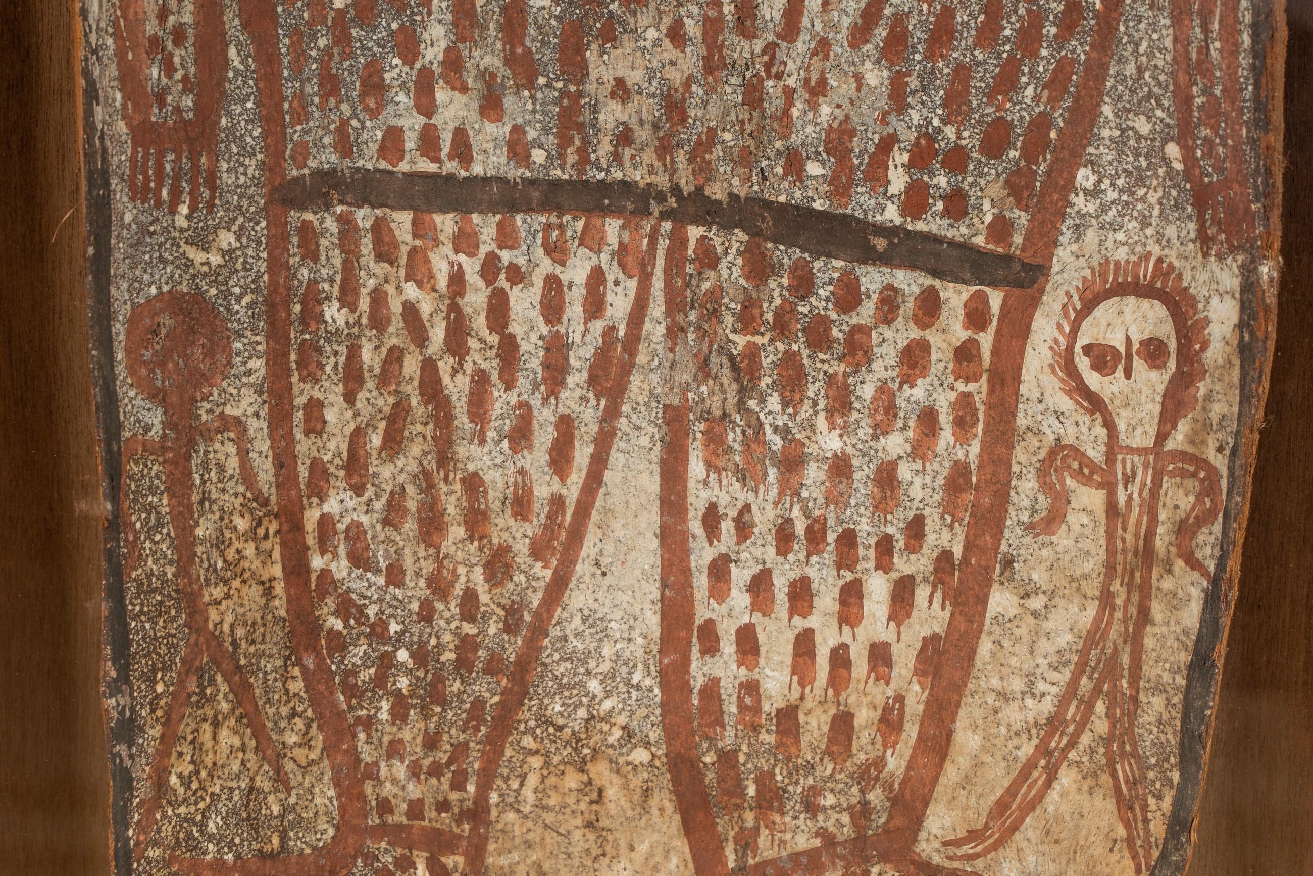 Artwork by Alec Mingelmanganu, Wandjina Figure, Made of earth pigments on eucalyptus bark