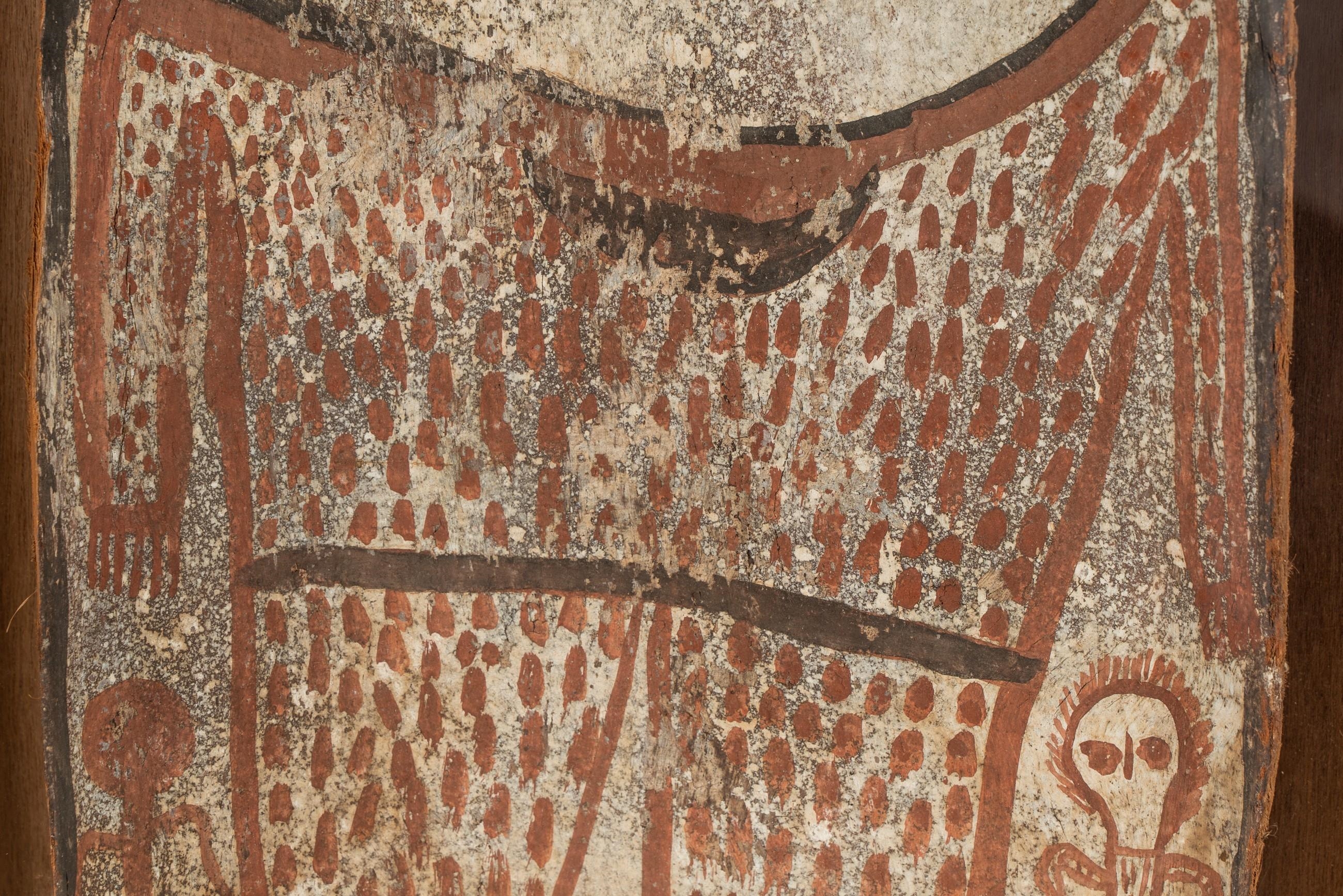 Artwork by Alec Mingelmanganu, Wandjina Figure, Made of earth pigments on eucalyptus bark